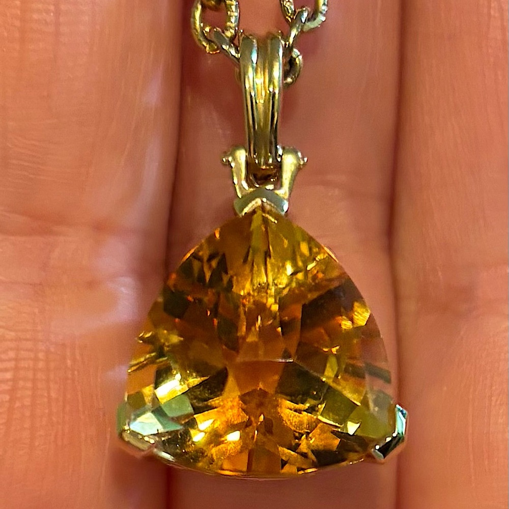 Genuine Antique TrillionCut Yellow 3.81 Carat Topaz Pendant set on 14K Gold Bail